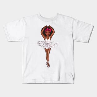 African American ballerina in white tutu and pink bow -#008 afro hair,brown skin ballerina Kids T-Shirt